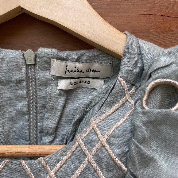 Innika Choo Linen Green Ruffle Embroidered Crew Neck Short Sleeve Crop Top - Picture 4 of 5